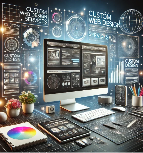 A computer screen displaying diverse devices and icons, representing custom web design services.