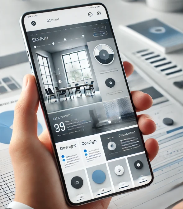 A person using a smartphone displaying a home design app, showcasing responsive web design features.